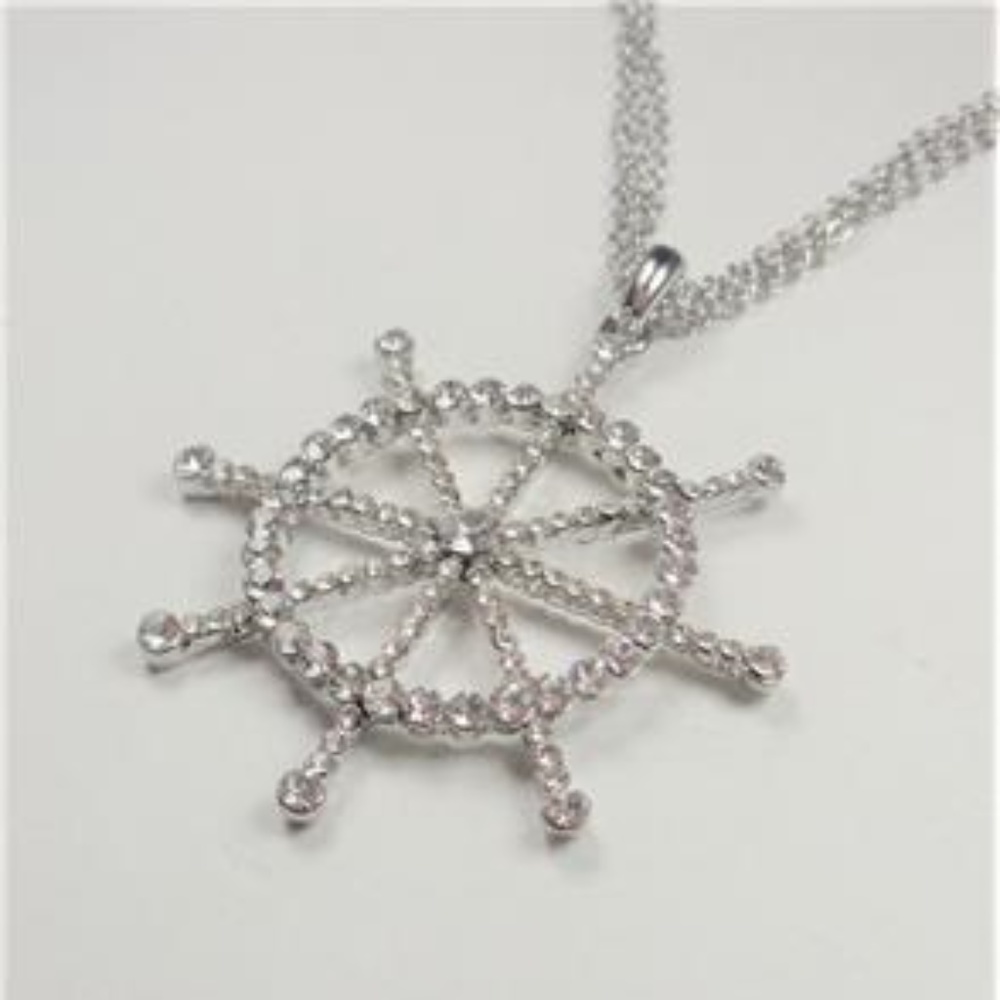NAUTICAL WHITE CRYSTAL BOAT SHIPS WHEEL NECKLACE
